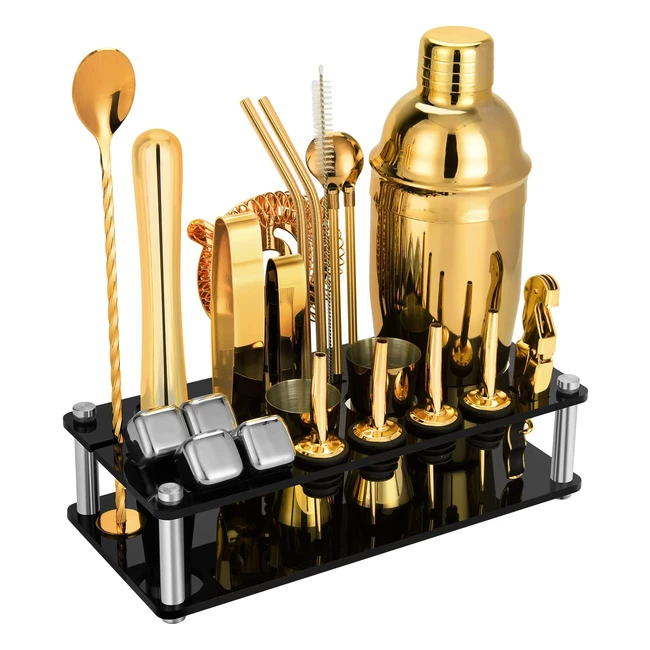 23-Piece Cocktail Shaker Set with Acrylic Stand and Whiskey Stones - Professional Bartender Kit for Drink Mixing and Home Bar Party