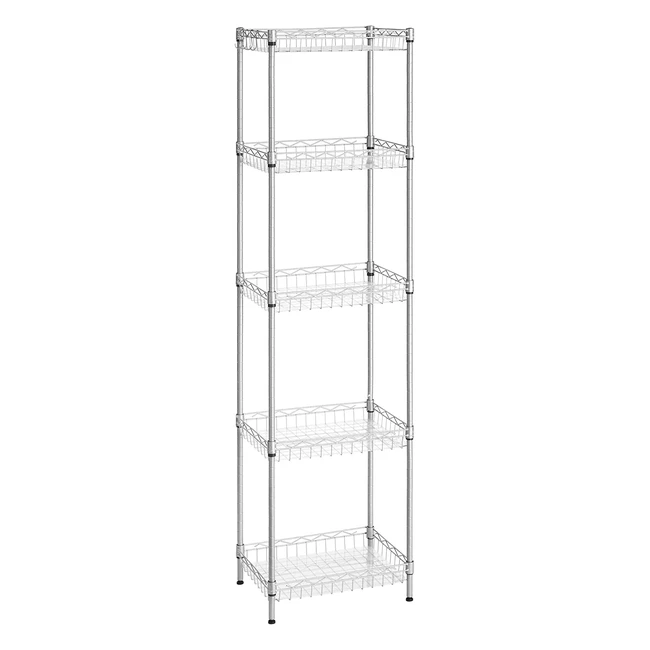 Songmics Metal Storage Shelf with Wire Basket, Adjustable Shelves, and 4 Hooks - Total Load Capacity 100 kg - Ideal for Small Spaces - Silver LGR105E01