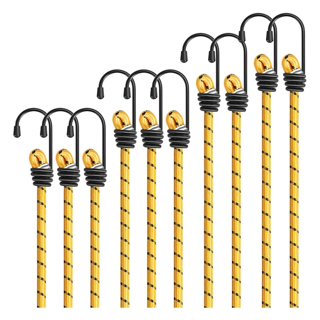 Lot de 10 cordes élastiques tendeur robuste Kiprim 40cm jaune avec crochets pour meubles, chariots, tentes et motos