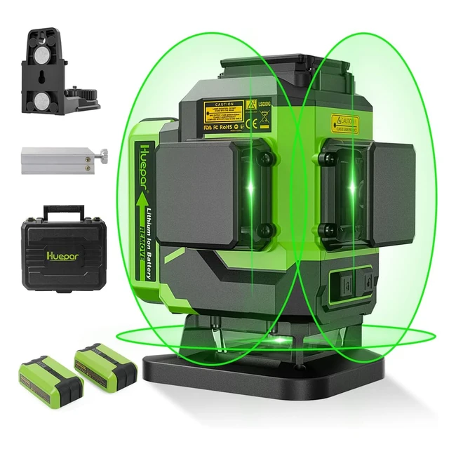 Huepar 3D Green Beam Laser Level - Self-Leveling, 3x360 Cross Line, Tiling Floor Laser Tool w/2 Li-ion Batteries & Magnetic Bracket