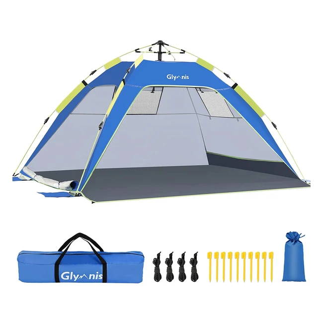 Glymnis Beach Tent - Large Pop Up Portable Sun Shade Shelter with UPF 50 for Camping, Hiking, and Picnic - 3 Second Setup