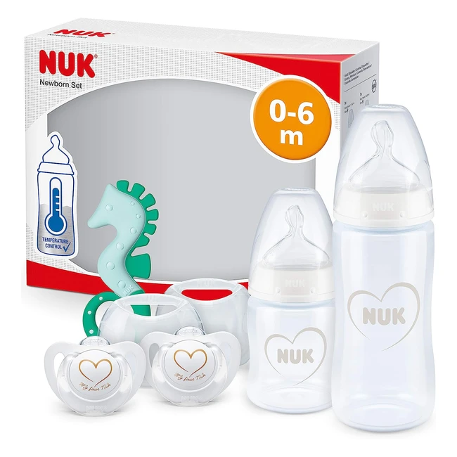 Set biberon NUK First Choice per neonati - 2 bottiglie con controllo temperatura, ciucci e anello dentizione - senza BPA - cuore neutro