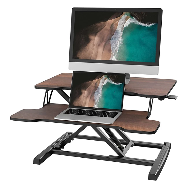 Fitueyes Standing Desk Converter - Height Adjustable Sit Stand Desk with Keyboard Tray & Phone Holder - Brown