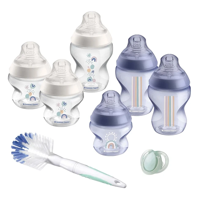 Tomme Tippee Closer to Nature Baby Bottle Starter Set - Breastlike Teat, Anti-colic Valve, Mixed Sizes, Blue