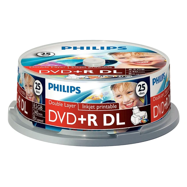 Philips DR8I8B25F00 - DVD-R 8.5GB Stampabile in Confezione da 25 - Alta Velocità di Registrazione