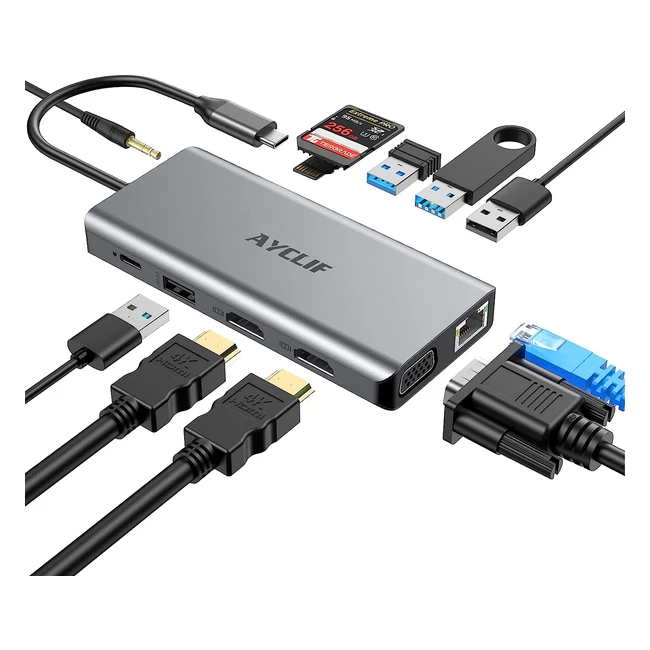 Station d'accueil USB-C Ayclif 12 en 1 pour MacBook Pro/Air, Dell, HP, Lenovo - Quadruple affichage, Ethernet, USB 3.0, PD 3.0, SD/TF, audio