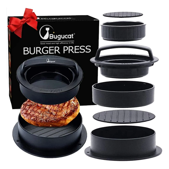 Bugucat 3-in-1 Burger Press - Nonstick Patty Maker Kit for Stuffed Burgers, Meatballs, and More - Includes 100 Wax Papers