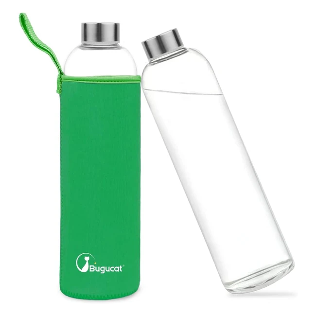 Bugucat Borosilicate Glass Water Bottle 1000ml - BPA Free, Leak Proof, Protective Sleeve, Stainless Steel Lid