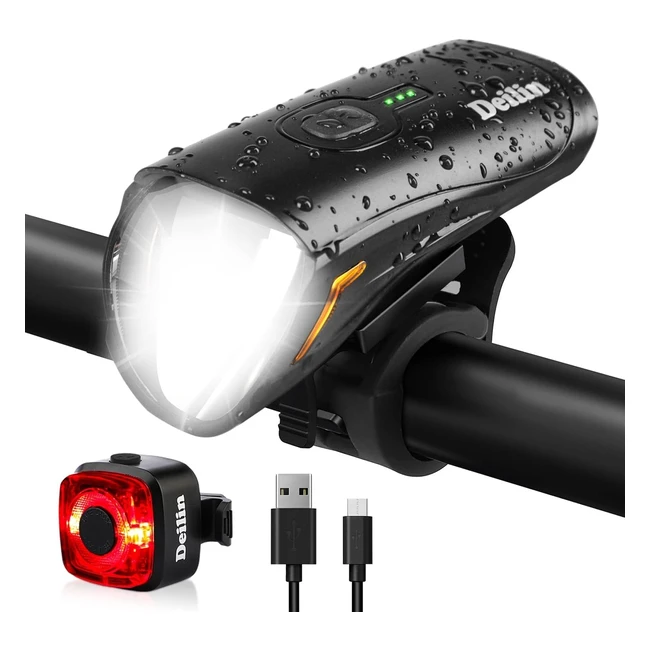 Deilin Fahrradlicht Set - Bis zu 70 Lux, LED Fahrradbeleuchtung, USB Aufladbar, Wasserdicht, Fahrradlichter Vorne & Hinten, 3 Lichtmodi