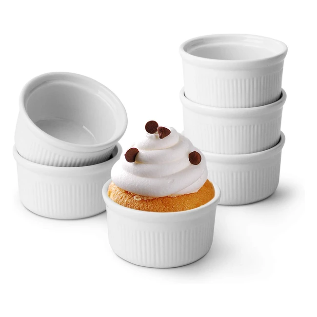 Comsaf 65cm White Porcelain Ramekins - Pack of 6 - Ideal for Souffle, Creme Brulee, Custards, Puddings, Jams, Sauces and Dips