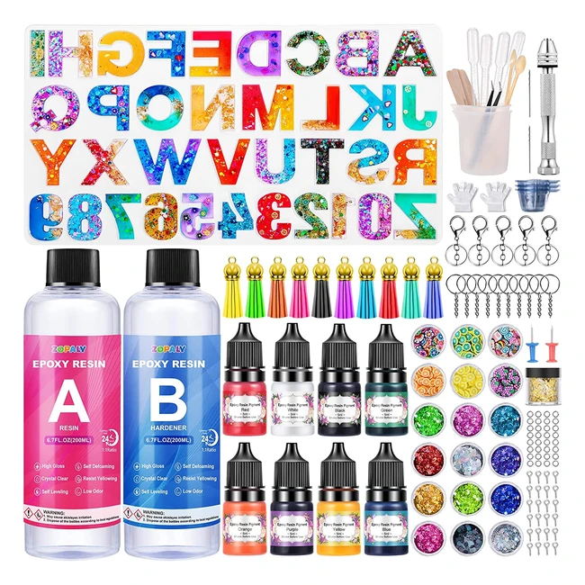 Zopaly Epoxy Resin Kit for Beginners - 192 Pcs Letter Number Moulds with Clear Resin, Pigment, Glitter, Gold Leaf, Keychains, and Tassels