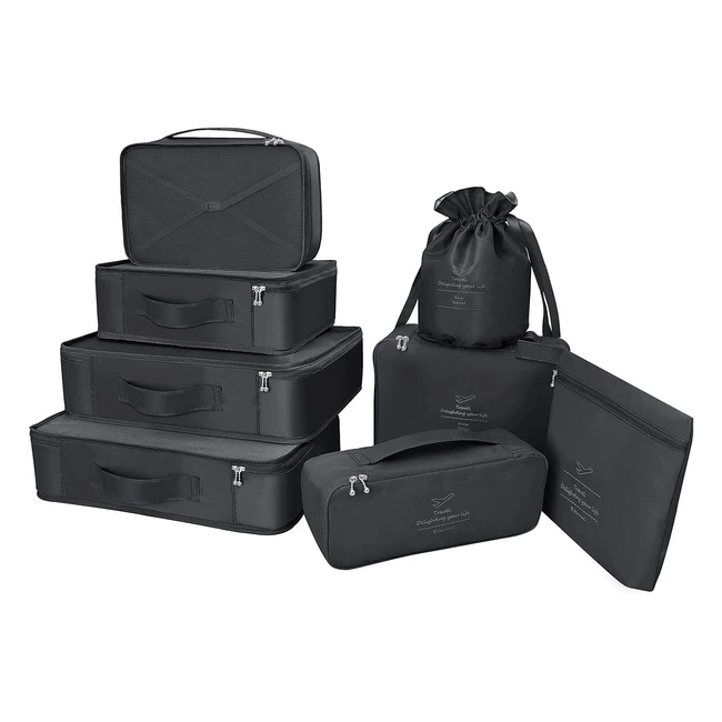 Koffer Organizer Reise Kleidertaschen - 8 Sets, 7 Farben, Wasserdicht, Schuhaufbewahrung, Kompressionsbeutel, für Reisende - Schwarz