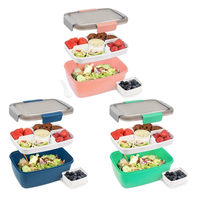 Bugucat Bento Box 2000ml - Set of 3 Lunch Containers with 4 Compartments, Salad Bowl, Dressing Container, Reusable Spoon - Meal Prep To-Go Containers for Food, Fruit, Snacks