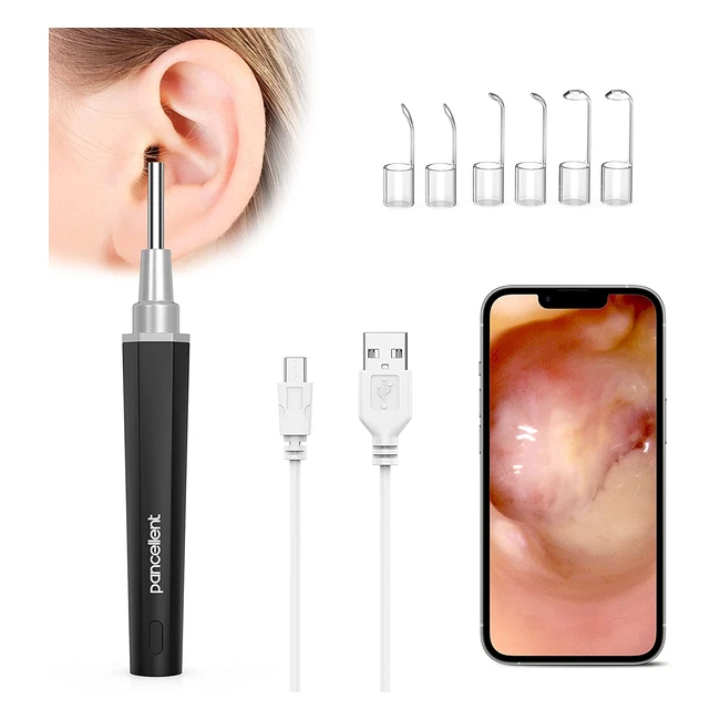 Kit de limpieza de oídos inalámbrico Pancellent con cámara endoscópica WiFi y 6 LED para iPhone, tabletas y Android - Negro