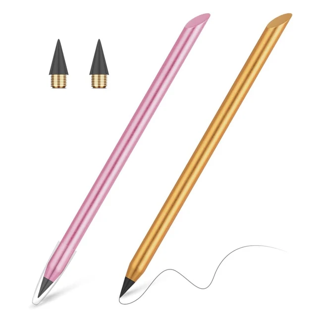 Auauy 2 Pcs Metal Inkless Pencil Set - Graphite Reusable Everlasting Pencil with Replaceable Nib for Writing Drawing - Gold Pink