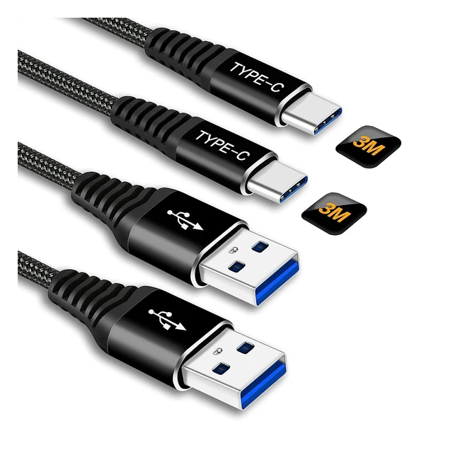 3m USB C Cable 2 Pack - Fast Charge for PS5, Xbox, Samsung Galaxy S20 S21 FE 5G - 3A Charging Lead