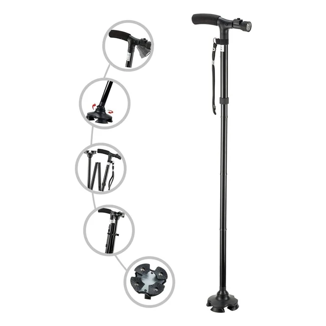Cozykit Folding Cane with LED Light - Lightweight Adjustable Walking Stick for Elderly with Cushion T Handle and Pivoting Quad Base