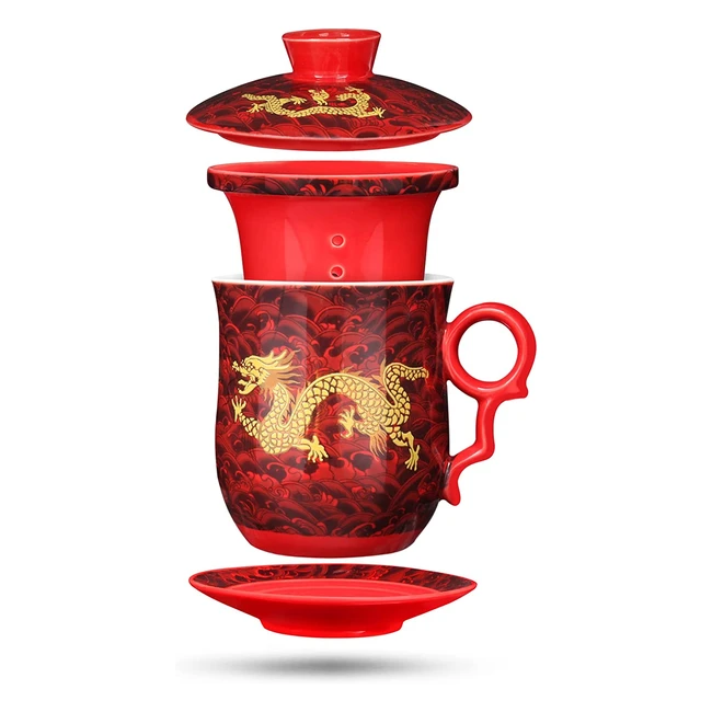 Yurroad Chinese Tea Cups - Dragon Pattern Tea Mug Kit with Strainer, Infuser, Lid and Saucer - High-Quality Ceramic Personal Tea Cup (Red)