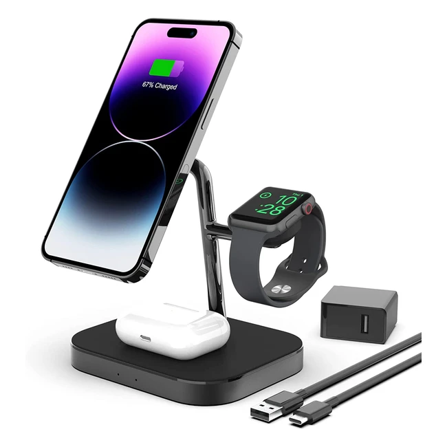 Boaraino Magnetic Wireless Charger 3-in-1 for iPhone 14/14 Plus/14 Pro/13/12/11, Apple Watch, AirPods - 18W Adapter Included