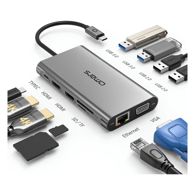 Hub USB C triple affichage 11 en 1 OMARS, double HDMI 4K, VGA, Ethernet RJ45, Audio/Mic, USB x 4, SD/TF, adaptateur pour MacBook Pro/Air