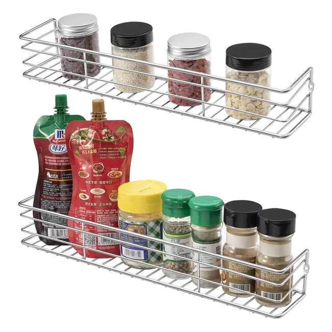 Qiwode Spice Rack Organizer 2 Pack - Wall Mounted Storage Shelves for Kitchen - Sturdy Hanging Organizer - Large Size - Silver