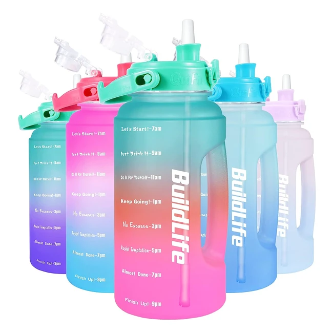 Buildlife 22L Water Bottle with Removable Straw, Time Markings, BPA-Free, Leakproof, Reusable - Ideal for Gym, Travel, School - Green/Pink