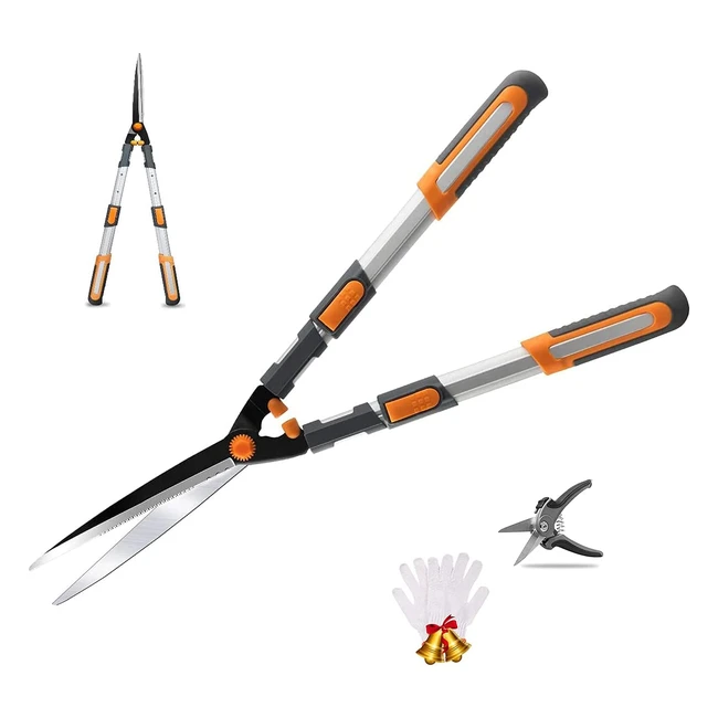 Airaj Telescopic Hedge Shears - Free Gloves and Secateurs - SK5 Steel Blade - Easy to Trim Hedges and Bushes