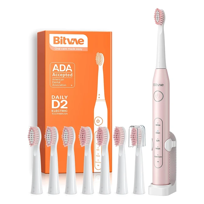Bitvae D2 Ultrasonic Electric Toothbrush with 8 Brush Heads - 5 Modes, Smart Timer, Pink