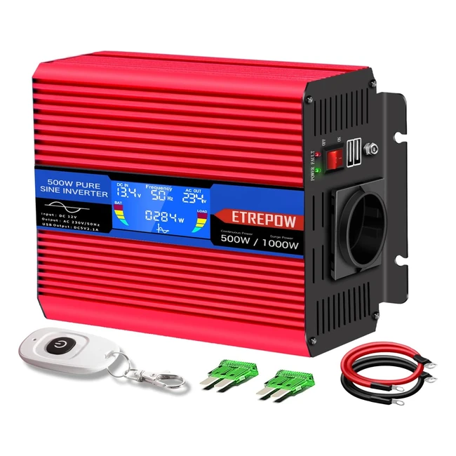 Inverter Auto Etrepow 500W 12V 220V Onda Sinusoidale Pura con Telecomando Wireless e Display LCD - Picco 1000W