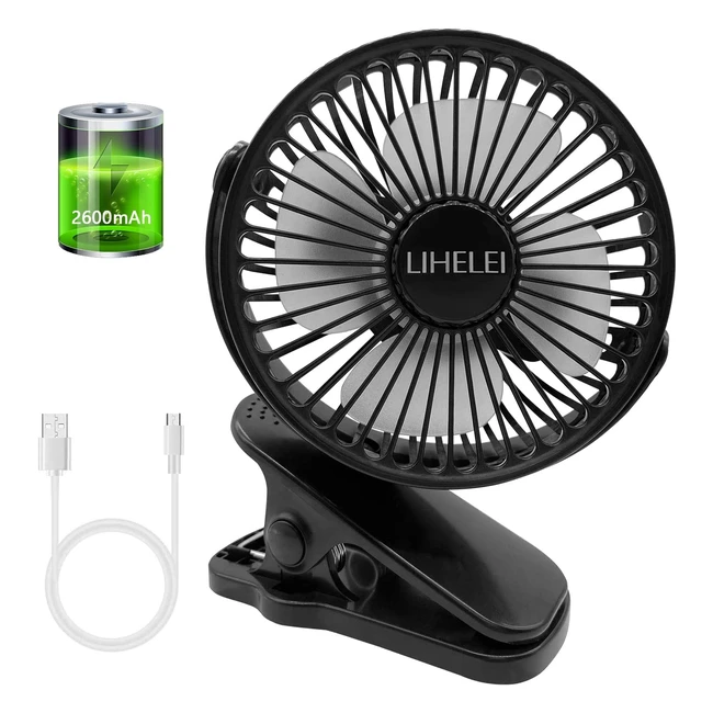 Lihelei Portable Stroller Fan - Rechargeable USB Desk Fan with Powerful Airflow and Low Noise for Home, Office, Travel - Black