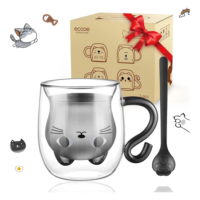 Ecooe Cute Cat Mug - Double Walled Glass Cup with Handle & Spoon - Heat Resistant Borosilicate Glass - Perfect Gift for Women, Mom, Birthday - 290ml