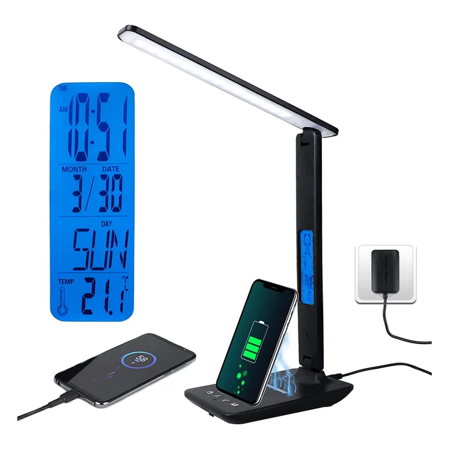 Lampada da tavolo LED wireless 10W con ricarica USB, touch control, 3 modalità colore, 5 luminosità, funzione orologio - Nero