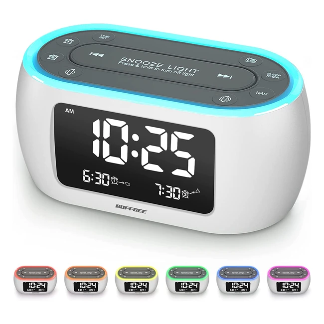 Buffbee Bedside Alarm Clock Radio - Dual Alarm, FM Radio, USB Charger, 7 Color Night Light, Nap Timer - White