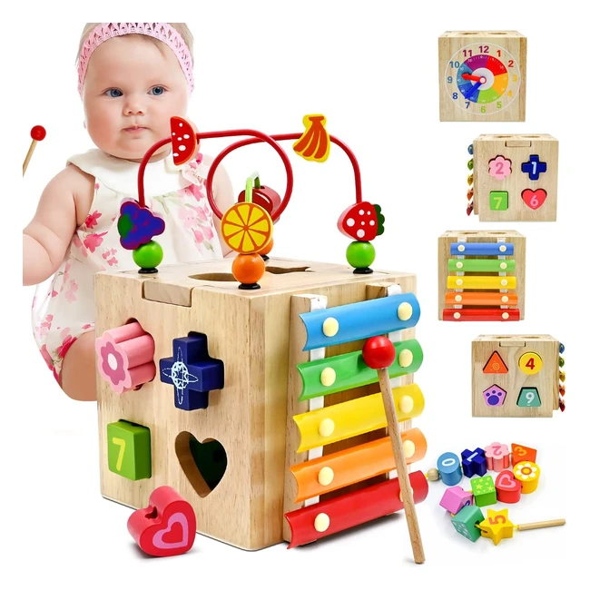Centre d'activité en bois pour enfants - Cube BBLabyrinthe de perles, montagnes russes, xylophone - Jouet éducatif pour l'éducation précoce, anniversaire, Noël