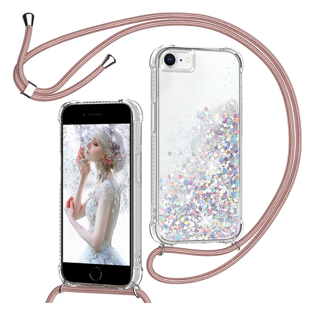 Coque iPhone 7/8/SE2020 Glitter Liquide avec Collier Tour de Cou Réglable - Housse de Protection Transparente avec Paillettes Multicolores et Bumper TPU