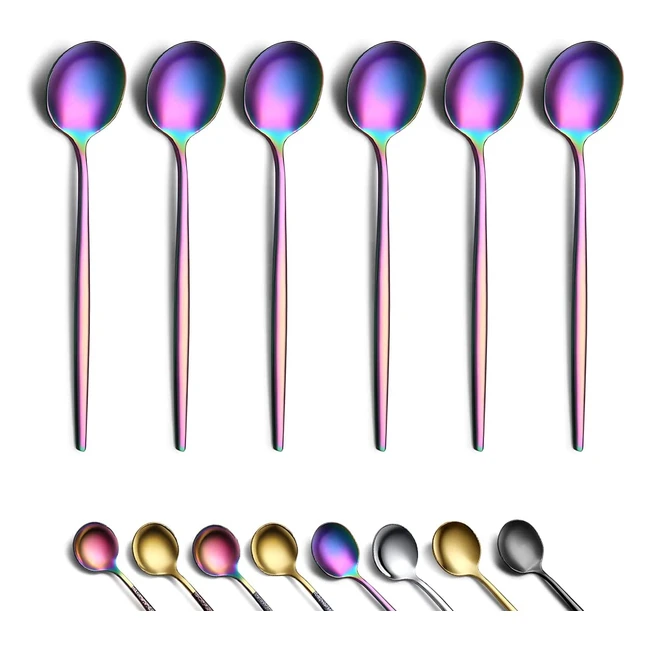 Rainbow Coffee Spoons Set of 6 - Kyraton Stainless Steel 13.5cm - Colorful Titanium Plating - Demitasse Spoons - Tiny Multicolor Espresso Spoons - Dishwasher Safe