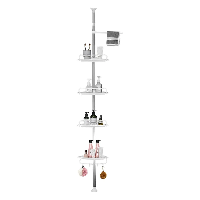 Gricol Duschregal höhenverstellbar ohne Bohren - Edelstahl Badregal mit 4 Körben und 1 Handtuchhalter für Badewanne und Badezimmer - Rostfrei - 95-305 cm - Weiß