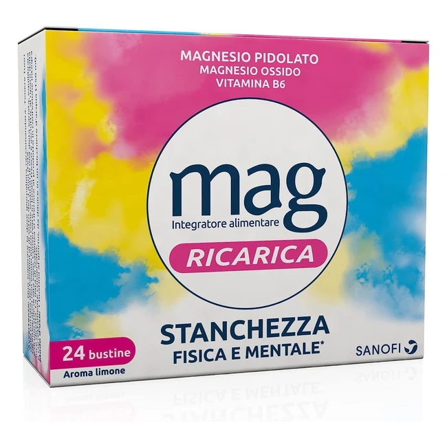 Mag Ricarica - Integratore Alimentare con Magnesio Pidolato, Magnesio Ossido e Vitamina B6 per la Stanchezza Mentale e Fisica - 24 Bustine Aroma Limone