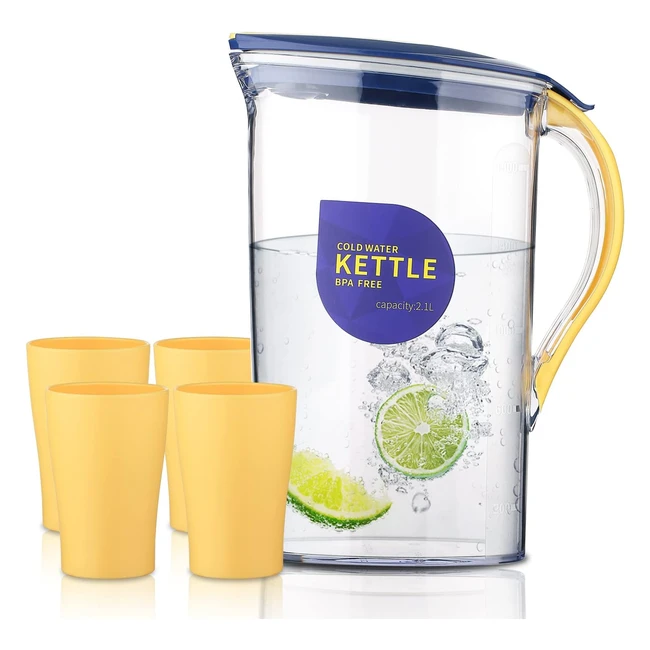 Berglander Fridge Water Pitcher with Lid & 4 Cups - Perfect for Tea, Juice & Cold Drinks - 21L - BPA Free