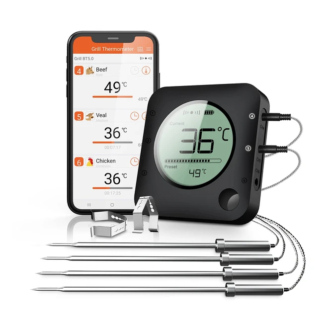 BFour Grill Bluetooth Thermometer mit Timer 4 Temperatursensoren LED-Display