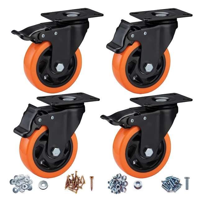 Heavy Duty Castor Wheels 100mm - Set of 4 - Non-Marking Orange Polyurethane - ASRINIEY