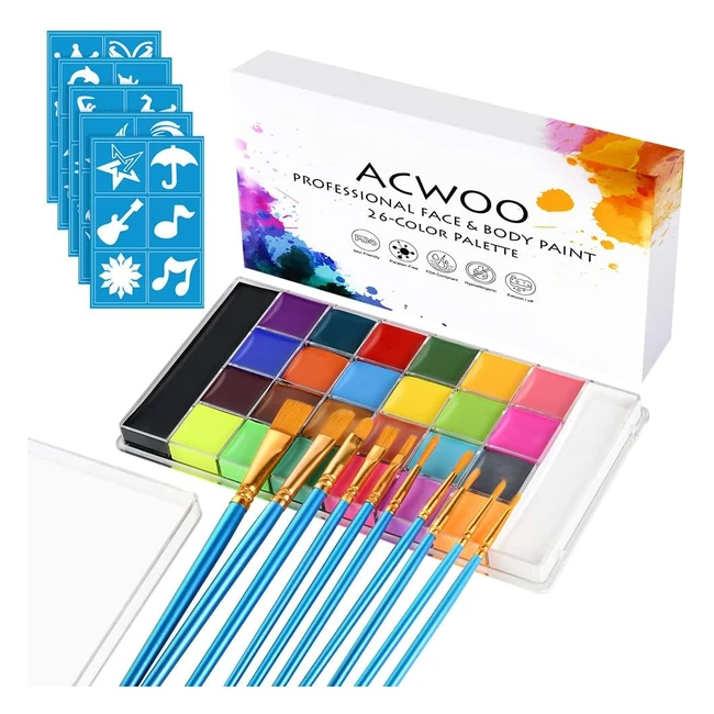 ACWOO Face Body Paint 26 Colors Palette + 10 Brushes + 30 Stencils - Safe & Non-Toxic