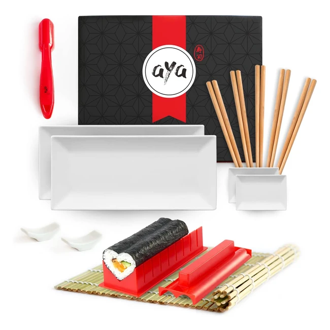 Ensemble sushi Aya Lover Set - Kit de préparation sushi maki et nigiri - Sushi en forme de cœur - Natte et baguettes en bambou 100% naturel - Plats de service pour sushi - Tutoriels vidéo
