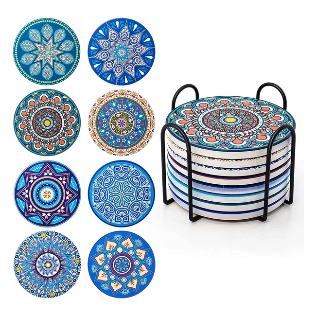 Posavasos de corcho cerámica con soporte metálico - Juego de 8 - Diseño de mandala - Regalo de inauguración