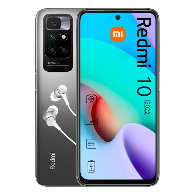 Xiaomi Redmi 10 2022 Smartphone, Vertrag, Kopfhörer, 65 FHD, 90Hz DotDisplay, 64GB Speicher, 4GB RAM, MediaTek Helio G88, 50MP AI Quadkamera, Dual SIM, 2 Jahre Garantie, Grau