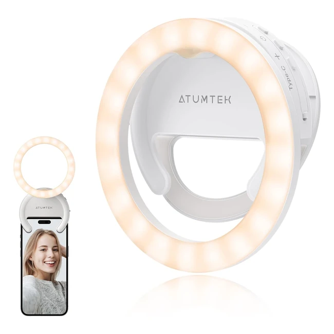 Atumtek Aro de Luz LED para Móvil - Anillo de Luz Selfie Recargable - 40 LED - Blanco