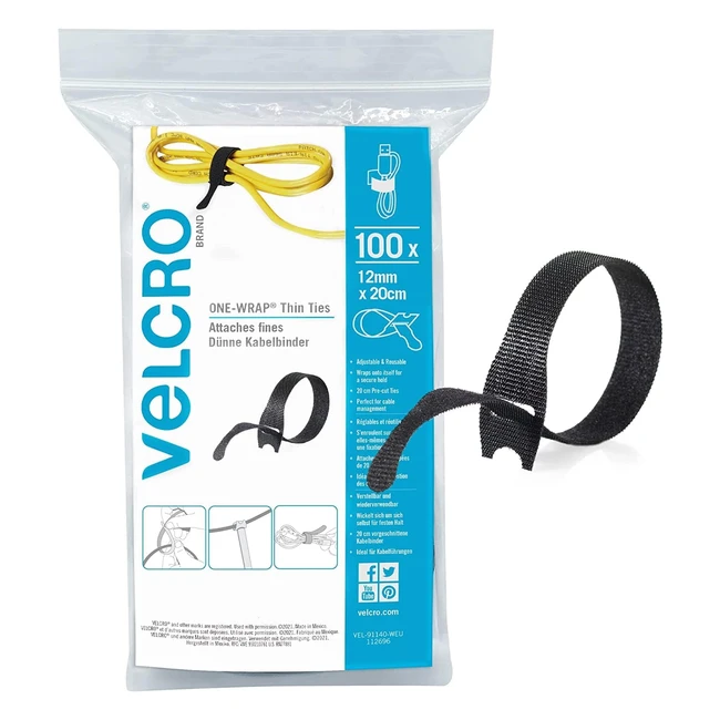 Juego de 100 Bridas Reutilizables Velcro Brand 12mm x 20cm - Gestión de Cables Hogar y Oficina