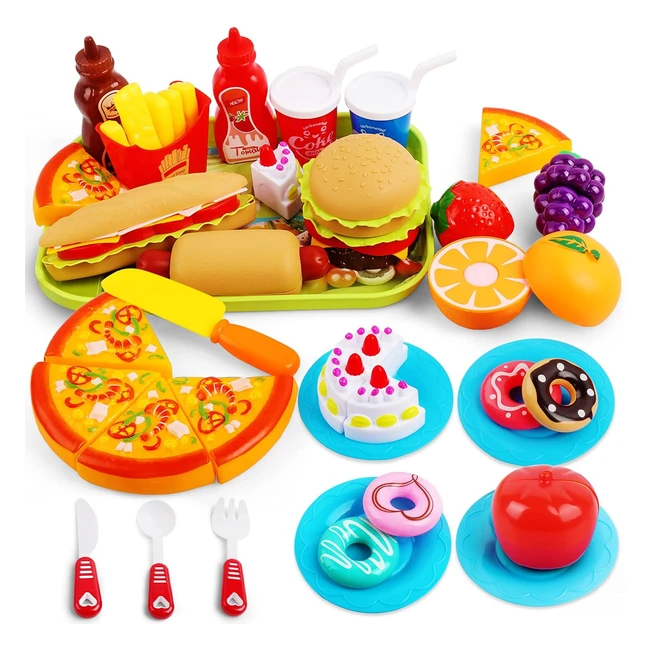 Hanmulee Pretend Play Food 33pcs Cutting Toys - Pizza Hamburger Cake Fruits - Educational Role Play Toys