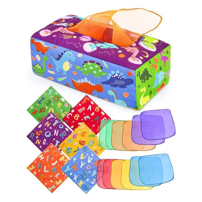 DinoRun Baby Sensory Toys | Montessori Toys for 0-6 Months | Tissue Box Toy with Colorful Scarves