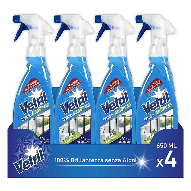 Vetril Detergente Spray Vetri e Superfici - Azione Sgrassante e Brillantezza - 650 ml x 4